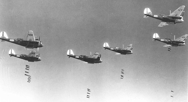 Martin B-10s drop bombs during a training sortie (US Air Force)